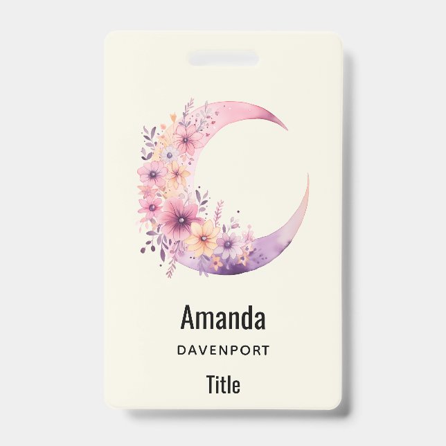 Pink Crescent Moon with Pretty Flowers Badge (Front)