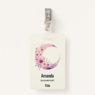 Pink Crescent Moon with Pretty Flowers Badge