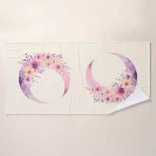 Pink Crescent Moon with Pretty Flowers Bath Towel Set