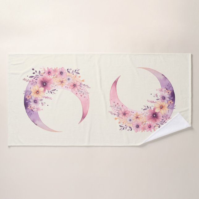 Pink Crescent Moon with Pretty Flowers Bath Towel Set (Bath Towel)