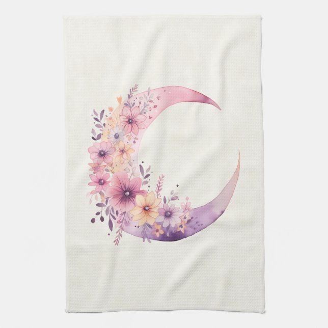 Pink Crescent Moon with Pretty Flowers Kitchen Towel (Vertical)