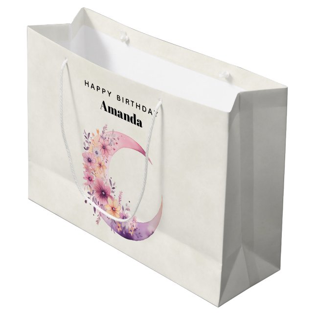 Pink Crescent Moon with Pretty Flowers Large Gift Bag (Front Angled)