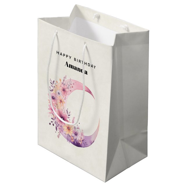 Pink Crescent Moon with Pretty Flowers Medium Gift Bag (Front Angled)
