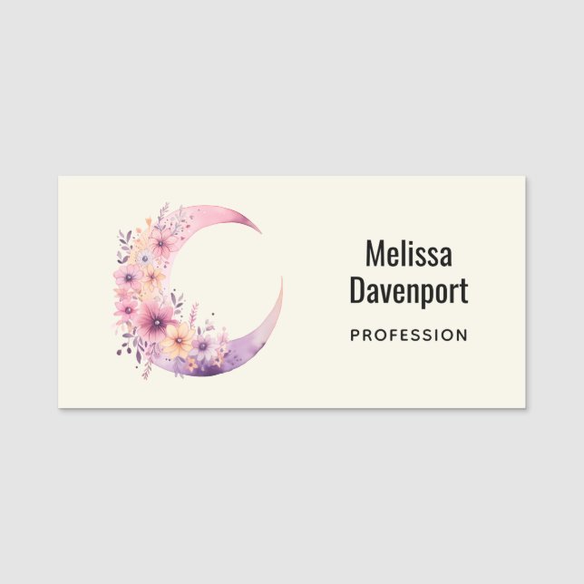 Pink Crescent Moon with Pretty Flowers Name Tag (Front)