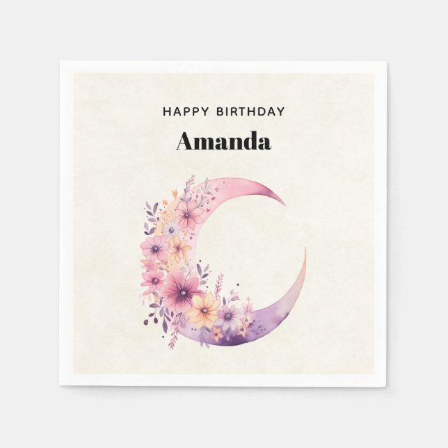 Pink Crescent Moon with Pretty Flowers Napkin (Front)