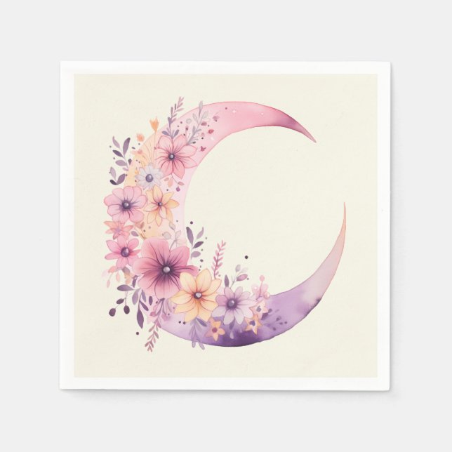 Pink Crescent Moon with Pretty Flowers Napkin (Front)