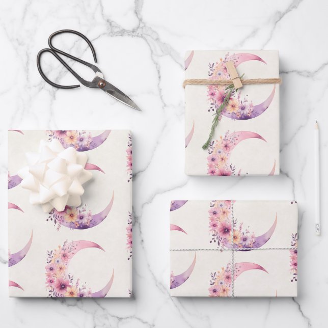 Pink Crescent Moon with Pretty Flowers Pattern Wrapping Paper Sheet (Front)