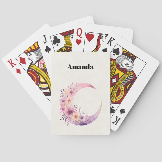 Pink Crescent Moon with Pretty Flowers Playing Cards (Back)