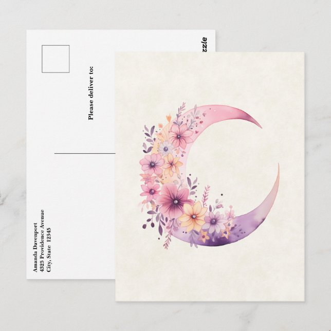 Pink Crescent Moon with Pretty Flowers Postcard (Front/Back)