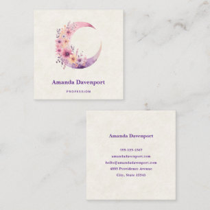 Pink Crescent Moon with Pretty Flowers Square Business Card