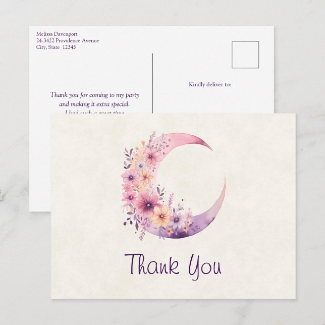 Pink Crescent Moon with Pretty Flowers Thank You Postcard (Front/Back)