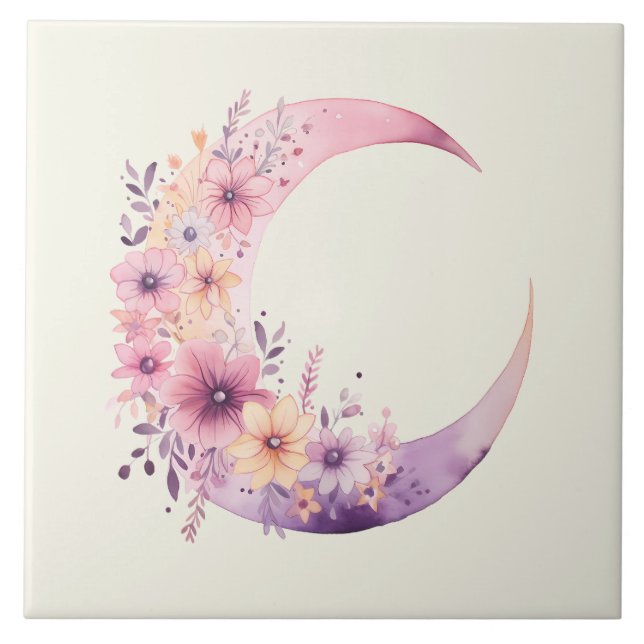 Pink Crescent Moon with Pretty Flowers Tile (Front)
