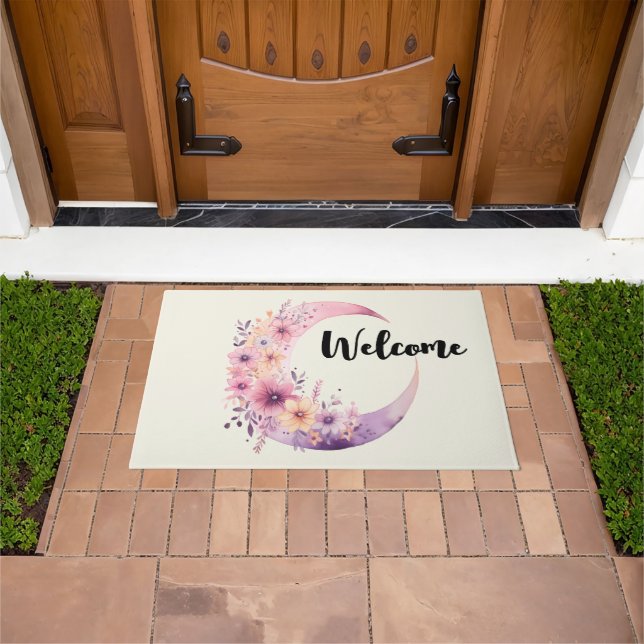Pink Crescent Moon with Pretty Flowers Welcome Doormat (Outdoor)
