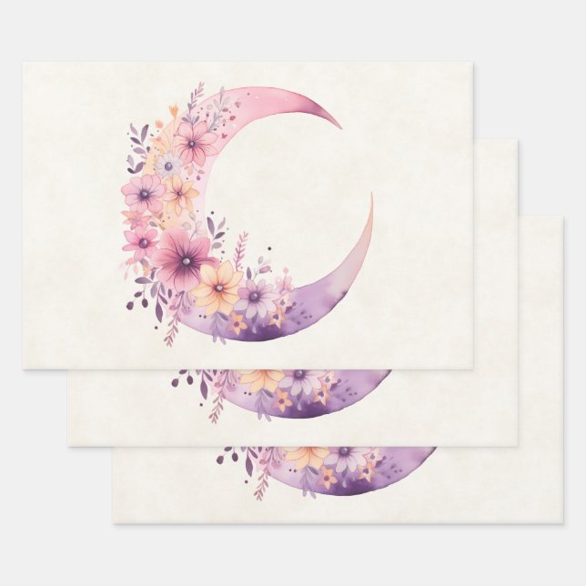 Pink Crescent Moon with Pretty Flowers Wrapping Paper Sheet (Set)