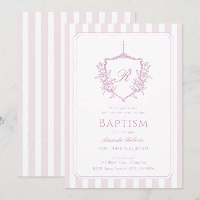 Pink Crest Monogram Baptism Invitation (Front/Back)