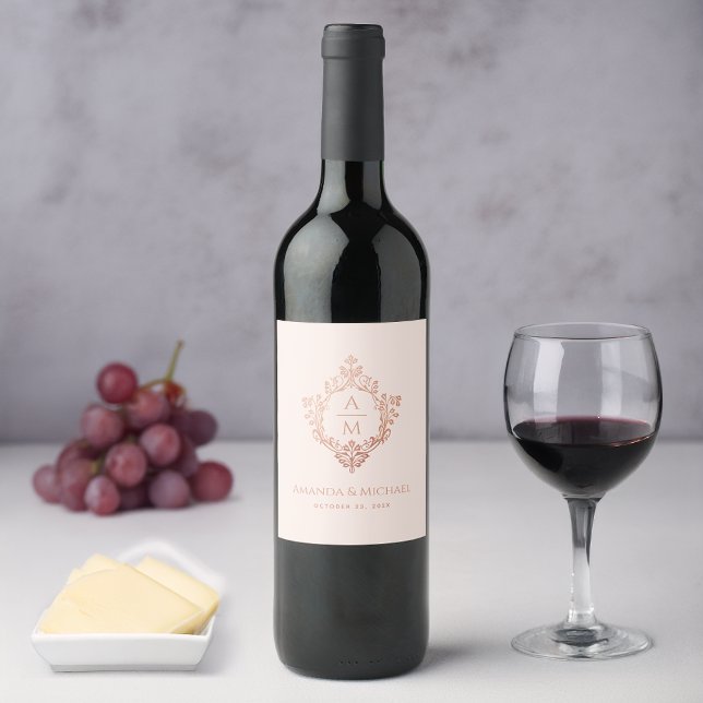 Pink Crest Rose Gold Elegant Wedding Monogram Wine Label (Creator Uploaded)