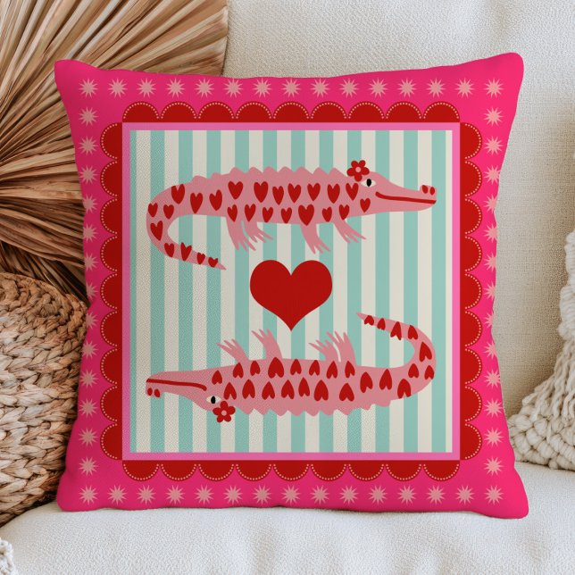 Pink Crocodiles in Heart Pattern Bold Maximalist Throw Pillow (Creator Uploaded)