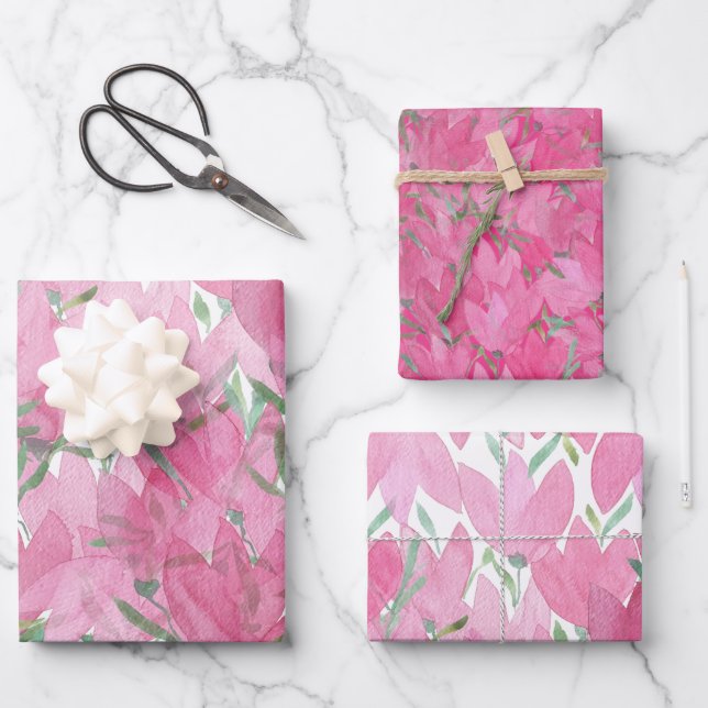 Pink Crocus Field Flowes, Watercolor, Pattern Wrapping Paper Sheet (Front)