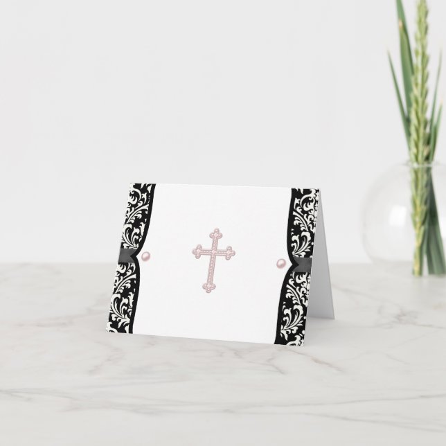 Pink Cross and Black Damask Thank You Cards (Front)