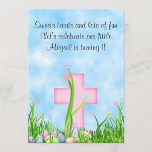 Pink Cross and Easter Eggs 1st Birthday Invitation