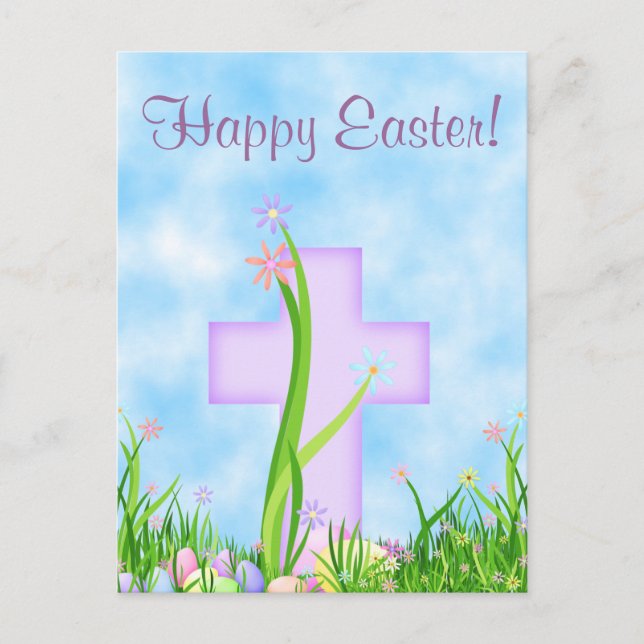 Pink Cross and Flowers Happy Easter Postcard (Front)