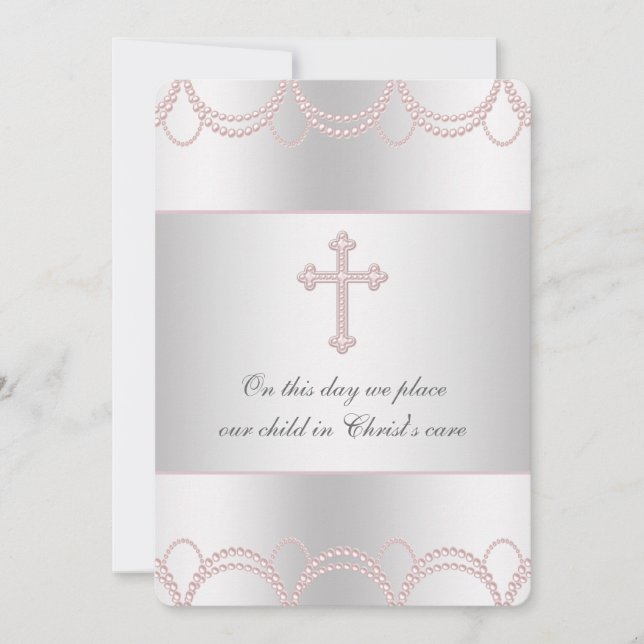 Pink Cross Baby Girl Christening Baptism Invitation (Front)