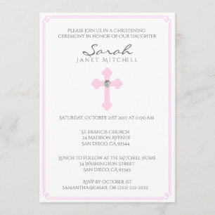 Pink Cross Baptism Christening Ceremony Girl Invitation