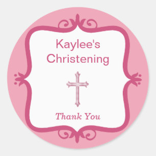 Pink Cross Baptism Round Sticker