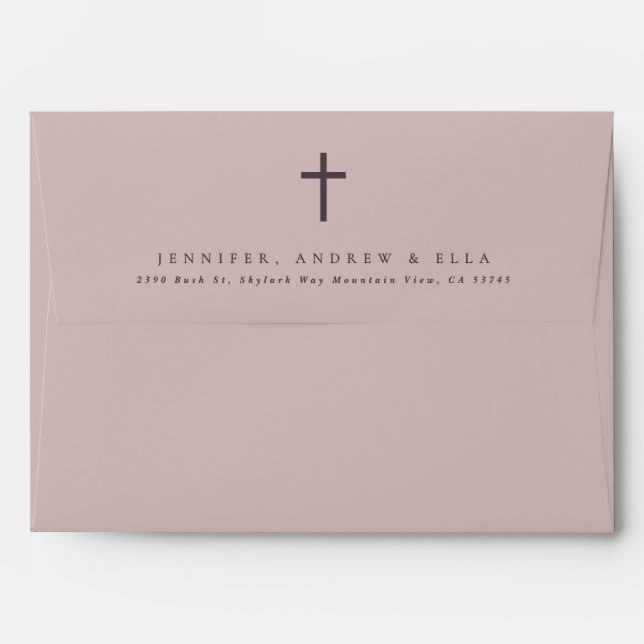 Pink Cross Calligraphy Taupe Baptism Invite Envelope (Back (Top Flap))