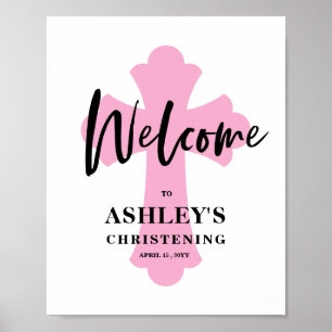 Pink Cross Christening Welcome Sign