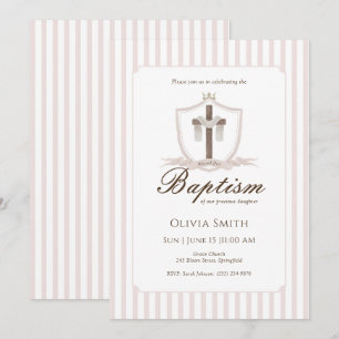 Pink Cross Crest Baptism Invitation