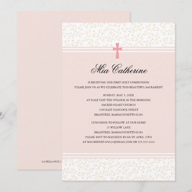 Pink Cross First Holy Communion Invitation (Front/Back)