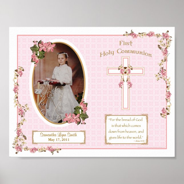 Pink Cross First Holy Communion Personalized 11x14 Poster