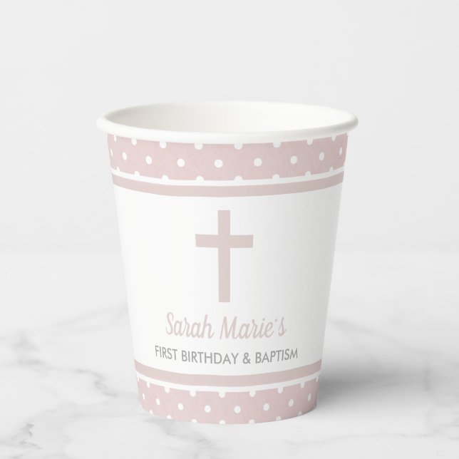 Pink Cross Girl Baby Baptism First Birthday Paper Cups (Front)