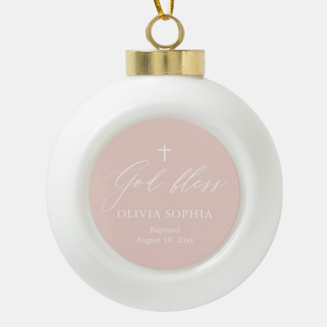 Pink Cross Girl Baptism Ceramic Ball Ornament (Front)