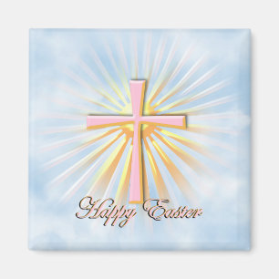 Pink Cross on Clouds with Happy Easter Text Magnet
