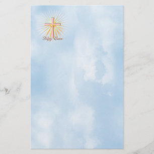 Pink Cross on Clouds with Happy Easter Text Stationery
