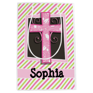 Pink Cross on Pink & Lime Green Stripes Medium Gift Bag