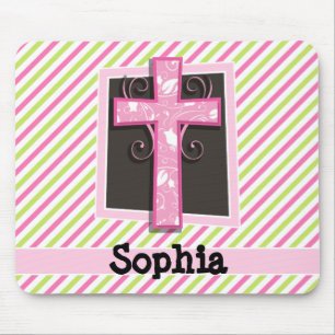 Pink Cross on Pink & Lime Green Stripes Mouse Pad