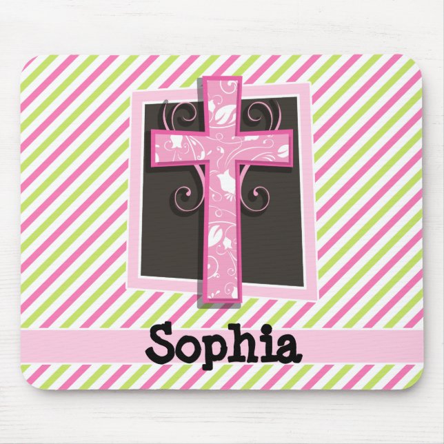 Pink Cross on Pink & Lime Green Stripes Mouse Pad (Front)