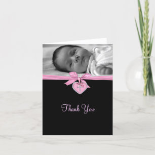 Pink Cross Photo Christening Thank You Card