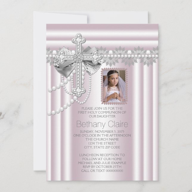 Pink Cross Photo First Communion Invitation (Front)