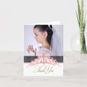 Pink Cross Photo First Communion Thank You Cards