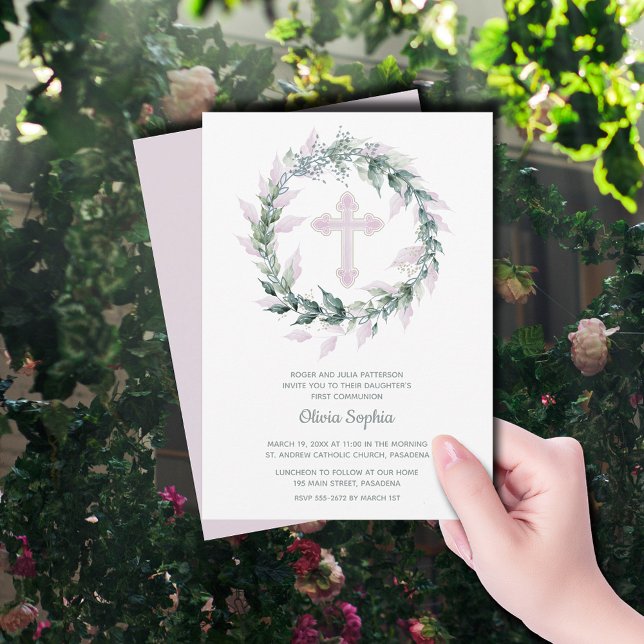 Pink Cross Sage Leaf Wreath First Communion Invitation (Creator Uploaded)