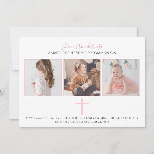 Pink Cross Tri Photo First Holy Communion  Invitation (Front)