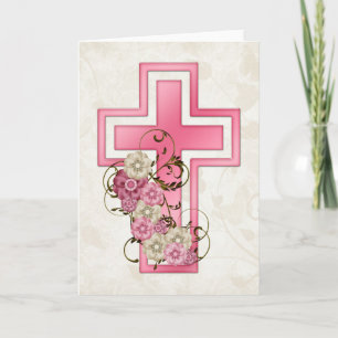 Pink Cross w Flowers 2 Christian Greeting Card