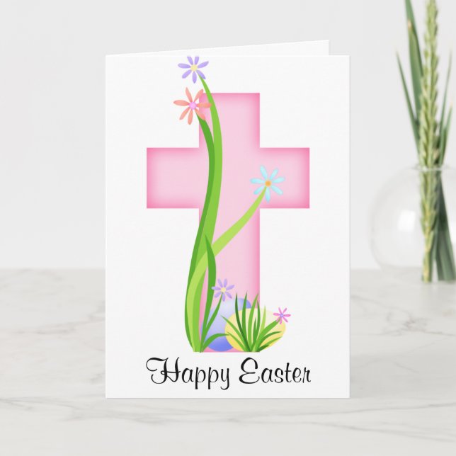 Pink Cross with Easter Eggs Holiday Card (Front)