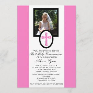 Pink Cross with Photo Communion Invitation