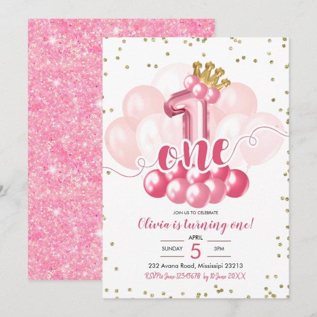 Pink Crown Balloon First Birthday Invitation (Front/Back)