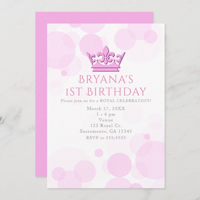 Pink Crown & Dots Royal Birthday Party Invitations (Front/Back)